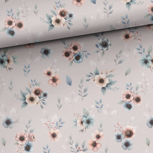 Sommersweat Blumen auf Grau-Rosa